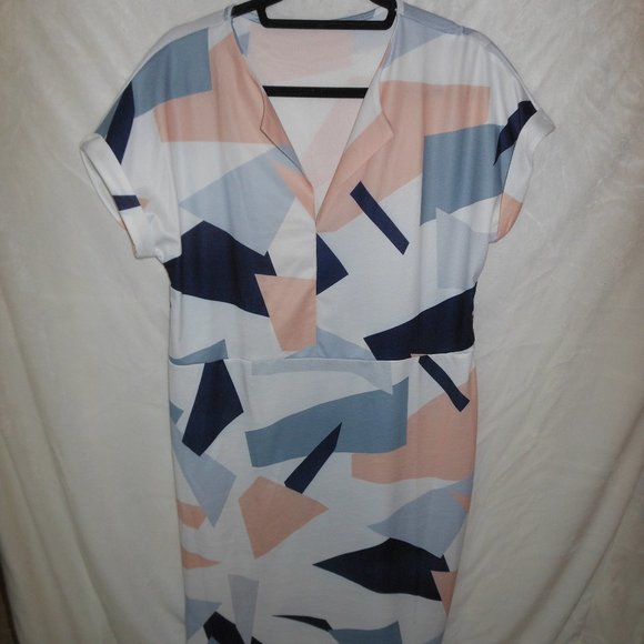 Abstract Geometric Print Tie-belt Dress Blue Pink White - Size XL - Picture 6 of 8